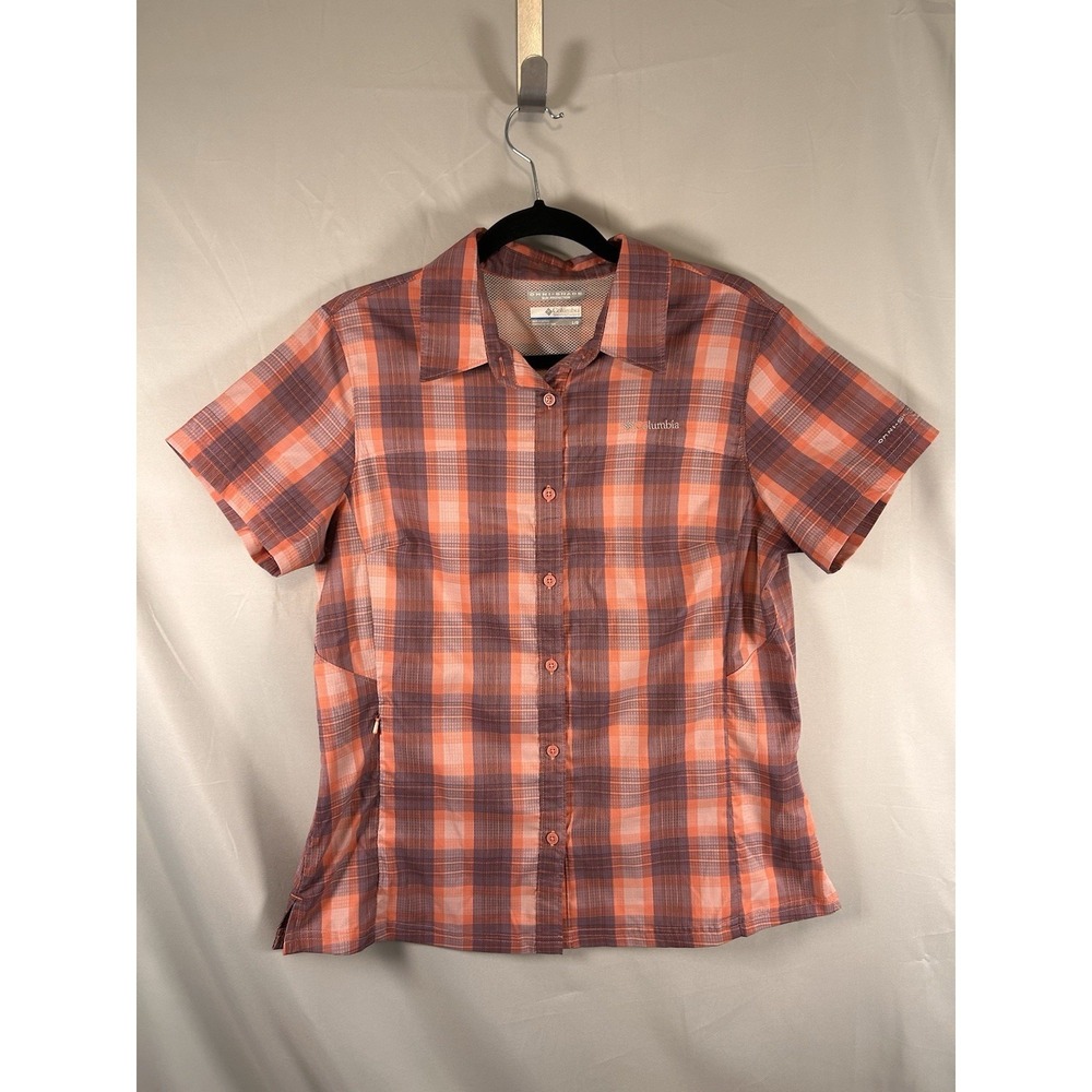 Columbia Womens Large Short Sleeve Shirt Plaid Omni Shade Sun Protection Pink